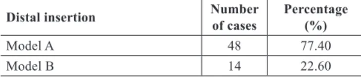 Table 2 – Frequency of the points of distal insertion   of the ibularis tertius muscle according to the 