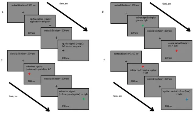 Figure 1. Schematic representation of the experimental sequence and of the stimuli in the different conditions