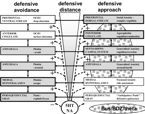 Figure 11.  A two-dimensional model of defense systems. There are two systems that differ in defensive direction: defensive  avoidance (fear) and defensive approach (anxiety)