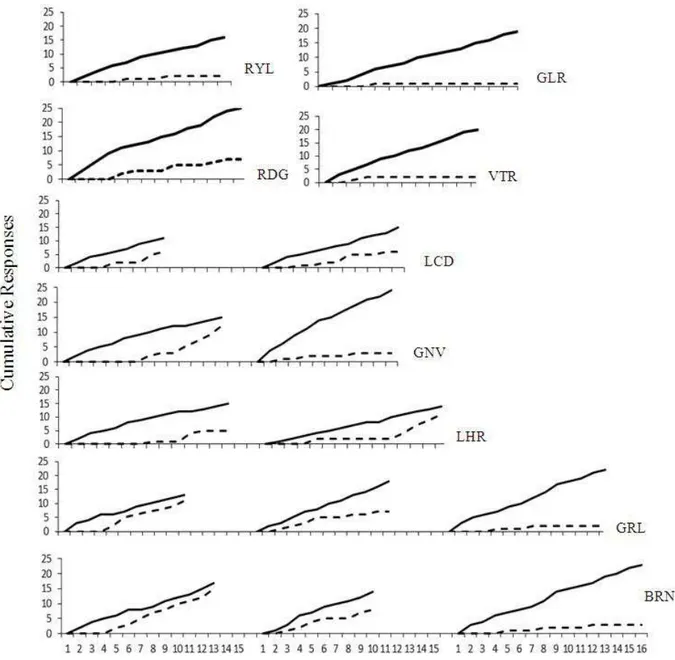 Figure 1. Cumulative responses in the baseline of simple discrimination (Phase 1) in Study 1