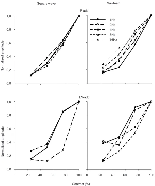 Figure 8. Normalized response amplitudes elicited by square wave (left) and by sawtooth stimuli (right) as a function of stimulus  contrast