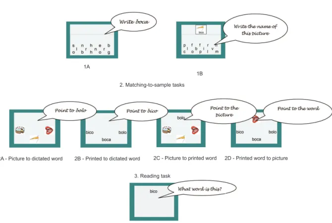 Figure 1. Schematic representation of computer-based constructed response tasks (top), matching-to-sample tasks (middle), and  reading task (bottom) used in the procedure