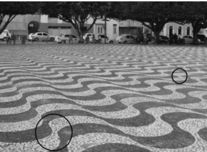 Figure 2. Photograph of a plaza in Manaus, Brazil. Even  though the sidewalk tiles have a uniform pattern over the  region shown, the perceived shapes of sections of the tiles  vary with position (see two circles).