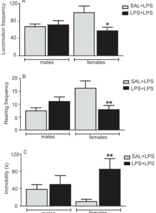Figure 4.  Effects of neonatal LPS exposure (50 μg/kg on PND 2)  in the open ield in male and female rats after an LPS challenge  on  PND60-70