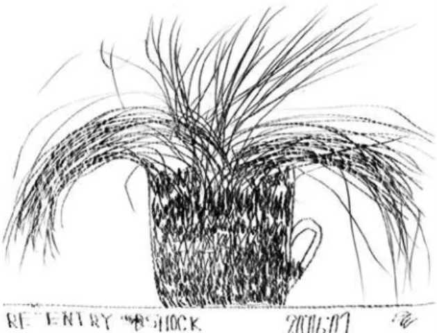 Figure 1. Re-entry shock. By EW. Dated 20.06.07 01.01.09. This  copy of the drawing omits the texture of the plastic sheet on which  EW drew.