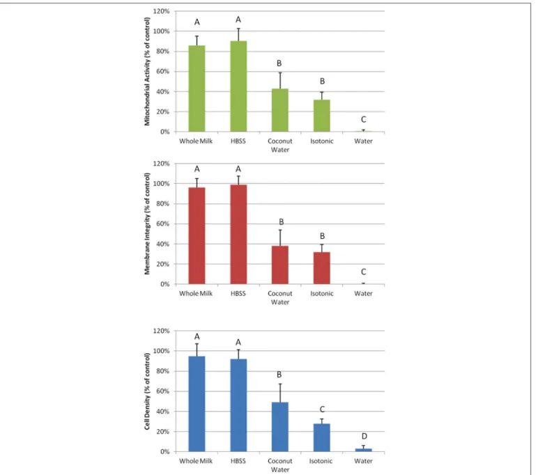 Fig. 1. Cytotoxic effects of storage media on 3T3 cells by XTT (A), NR (B), and crystal violet dye exclusion test (C), expressed as percentage of control (cells exposed to culture medium)