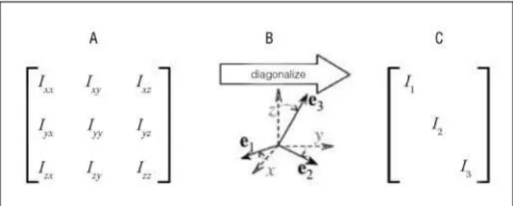 Figure 2. (A) An inertia tensor defi ned as a 3×3 matrix. On the diagonal  are the resistances to rotational acceleration about the x, y, and z-axes