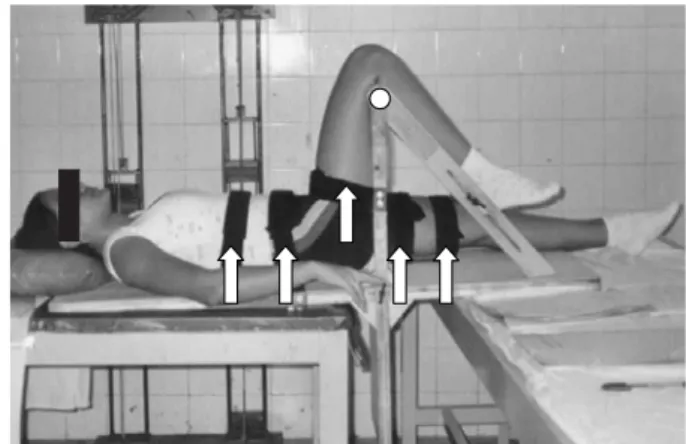 Figure 1. Overview of the instrumental setup: the mechanical axis of the goniometer was perpendicular to the sagittal plane and the knee extensor angle (circle) was recorded