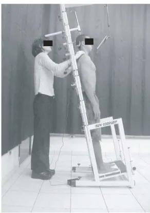 Figure 2. Stadiometer used for stature measures. Note the location of postural controls to maintain a constant position during measurements.