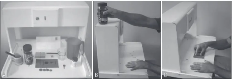 Figure 1. A. Shelf for TEMPA material with objects used for task performance; B. Example of gross motor movement; C