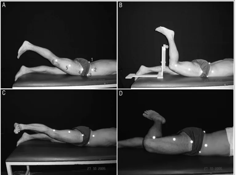 Figure 1. Active prone hip extension exercises: With knee extension (A); knee flexion (B); lateral hip rotation and knee extension (C); and lateral  hip rotation and knee flexion (D).