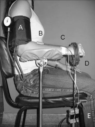 Figure  1.  Position  of  the  participant  for  electromyographic  signal  collection and determination of the wrist extensor muscle group strength.