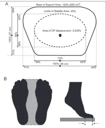 Figure 2A shows average results of the sway area of the CP, the  limits  of  stability,  and  the  base  of  support  of  13  healthy  adults  who remained in the quiet erect posture on a force plate for 40 