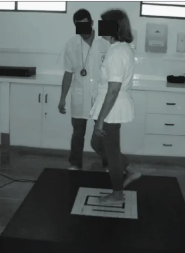Figure 2. Subject’s position on the force platform (model BIOMEC400)  during one-leg standing for balance test.