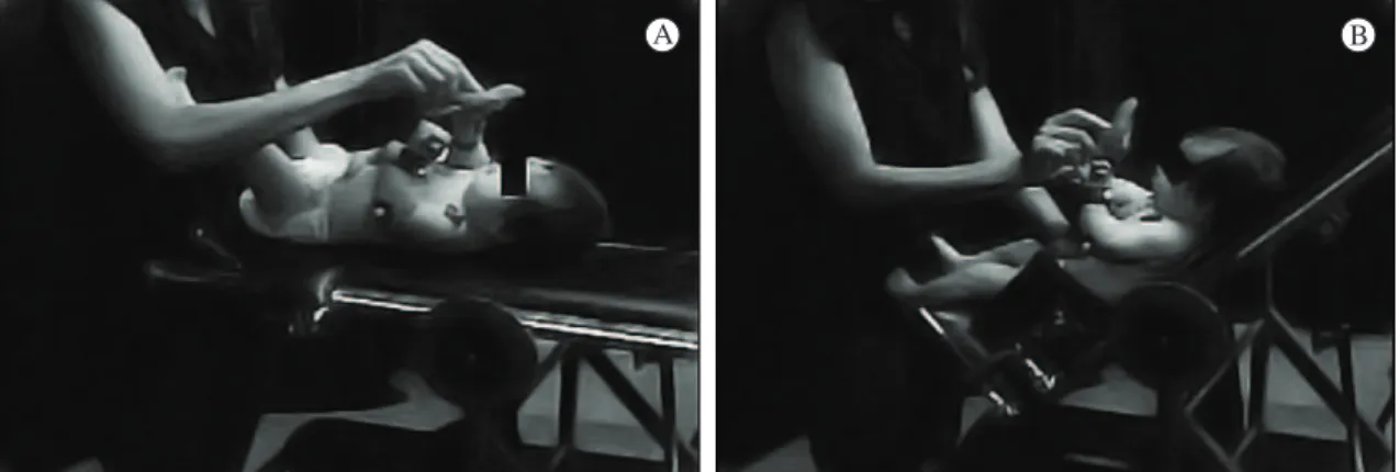 Figure 1. Supine position (A) and testing procedures in reclined position (B).