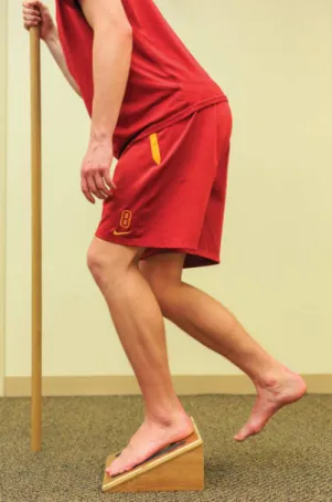 Figure 4. Slow repeated single limb squat lowering exercise on a  decline board providing for eccentric loading to the patellar tendon