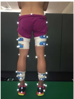 Figure 2. Retrorelective marker placement. A total of 39 markers  were placed with at least 3 markers per segment were placed on  the pelvis, thighs, shanks, and feet for tracking during running