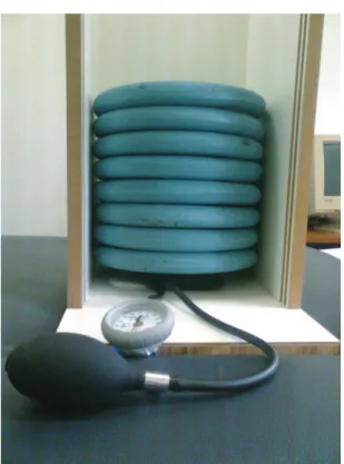 Figure 2. Apparatus for the calibration of the sphygmomanometer  using 5 kg weights.