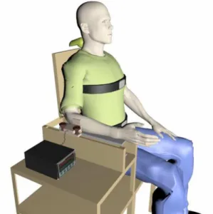 Figure 1. The custom made chair and the loadcell placed on the  U shaped device to record shoulder muscle isometric contraction.