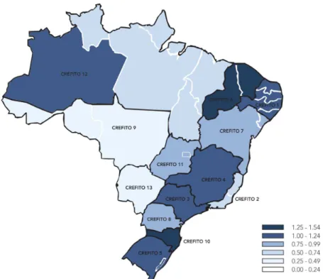 Table 1  lists the absolute and relative usage of  PEDro for each WCPT region, each country in the  South American region, and each CREFITO in Brazil