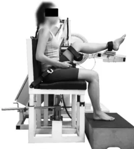 Figure 1. Lateral view of the Flexmachine. This isokinetic  dynamometer consists of two chairs connected to a mechanical  arm containing a force plate (Reitronic  , Schmitten, Germany)