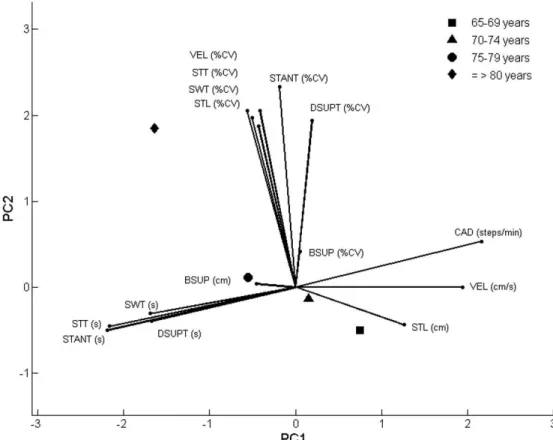 Figure 2. PCA-biplot and the average score of the groups (N=305). PC1=principal component 1; PC2=principal component 2; VEL=velocity; 