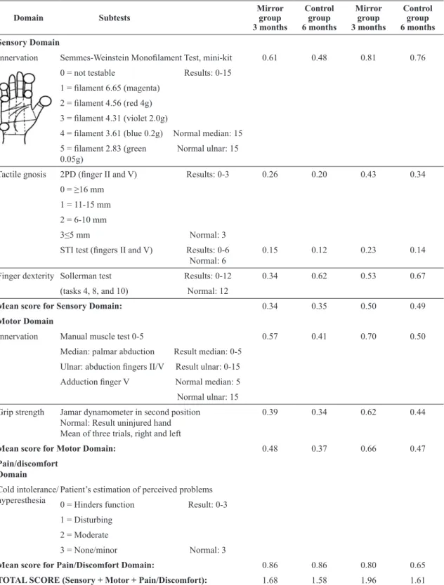 Table 3. Protocol for documentation of hand function after nerve repair – total Rosen-Score 15,16  illed with mean scores of domains at  3 and 6 months after nerve repair for control and mirror groups.