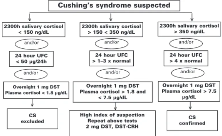 Figure 1. Algorithm for establishing the diagnosis of Cush- Cush-ing’s syndrome. DST: dexamethasone suppression test, UFC:
