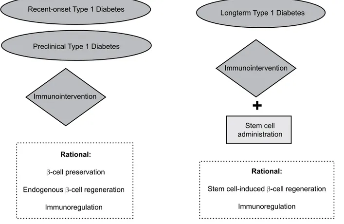 Figure 2  Potential therapeutic use of stem cell therapy for patients with type 1 diabetes mellitus in three  distinct clinical settings: newly-diagnosed type 1 diabetes, pre-clinical and long-term type 1 diabetes.