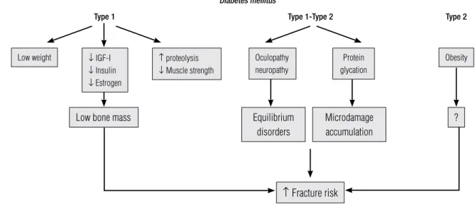 Figure 2. Pathophysiology of the increased fracture risk in type 1 and type 2 diabetes mellitus.