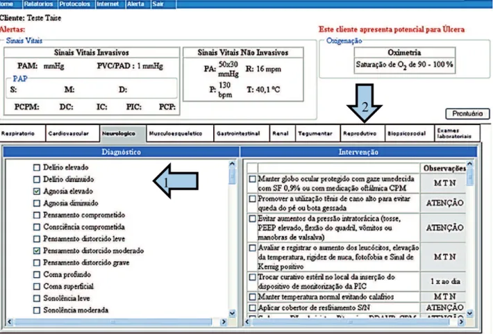 Figure 2 - Screen with nursing diagnoses and interventions for neurological system in the CNP