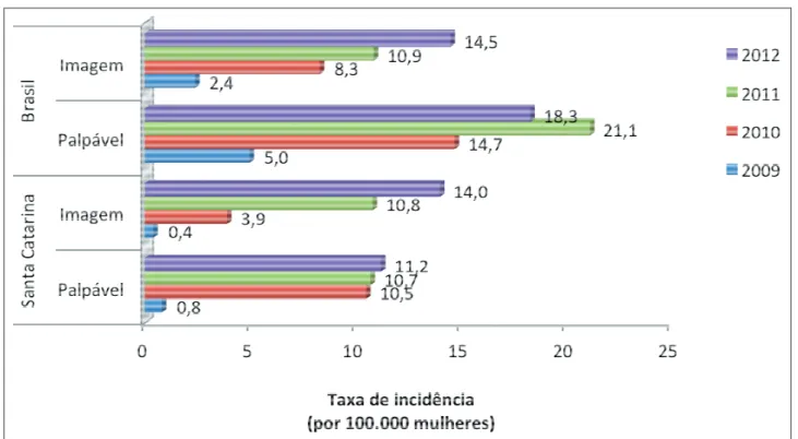 Figure 2 – Incidence rate of malignant neoplastic lesion of the breast, according to diagnostic type and  year of study
