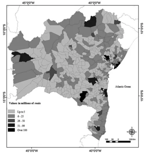 Figure 1. Geographic distribution of the Public Expenditure on Health of the municipalities of the state of Bahia, in 2010