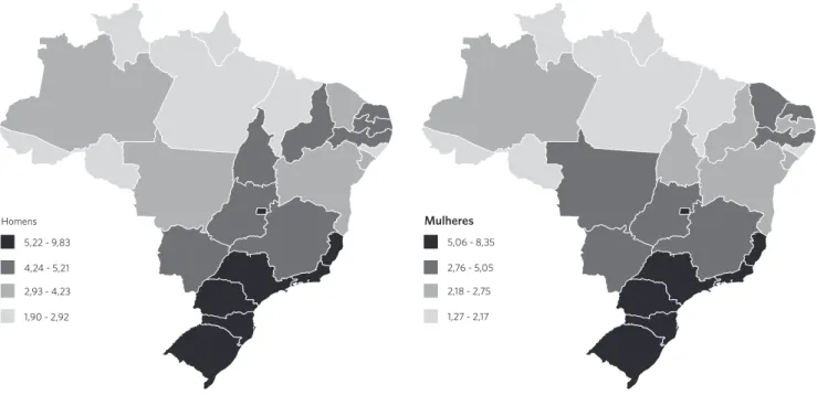 Figura 1. Representação das taxas brutas de incidência de linfoma não Hodgkin por 100 mil habitantes, para cada sexo, estimada para o ano de 2016,  por Unidade de Federação