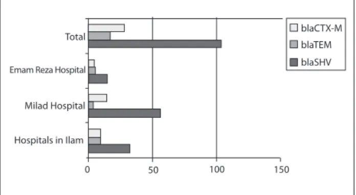 Figure 1. Frequencies of blaSHV, blaTEM and blaCTX-M in diferent  hospitals.