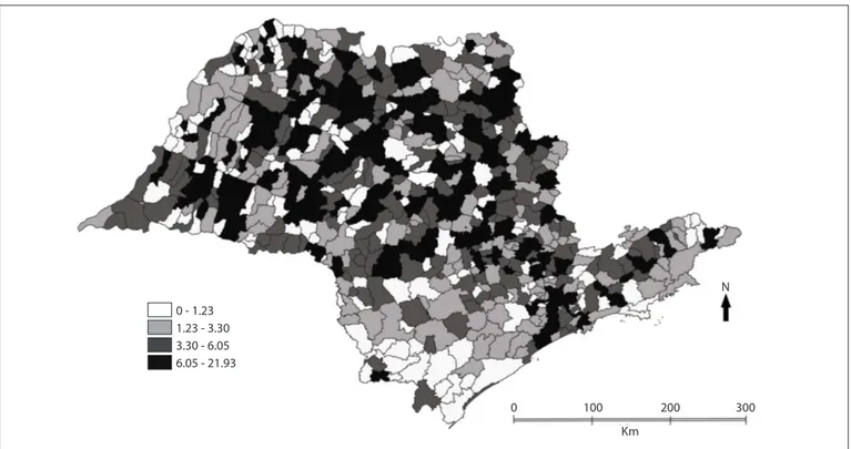 Figure 1 shows the spatial distribution of mortality due  to Alzheimer’s disease. It can be seen that in the north and  northwest of the state, there was greater concentration of high  rates of deaths per 100,000 inhabitants
