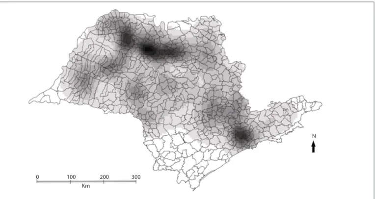 Figure 2. Thematic map of kernel estimator for death rate per 100,000 inhabitants, due Alzheimer’s disease, state of São Paulo, 2004-2009.