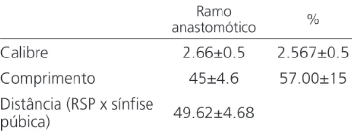 Tabela 3. Dados morfométricos da artéria obturatória e seu ramo anas- anas-tomótico. Ramo  anastomótico  % Calibre 2.66±0.5 2.567±0.5 Comprimento 45±4.6 57.00±15 Distância (RSP x sínfise  púbica) 49.62±4.68