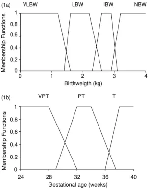 Figure 2 - Fuzzy sets to output variable risk of neonatal death. VLR   LR      LHR                  H00,20,40,60,810204060 80 100
