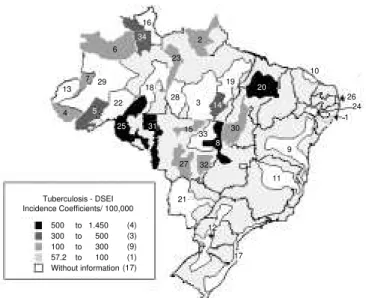 Figure 1 - Distribution of the tuberculosis incidence coefficient (per 100,000 inhabitants) according to Indigenous Special Sanitary Districts, 2000.