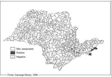 Figura  - Distribuição de municípios com pesquisa entomológica para flebotomíneos, com registro da presença de Lutzomyia edwardsi