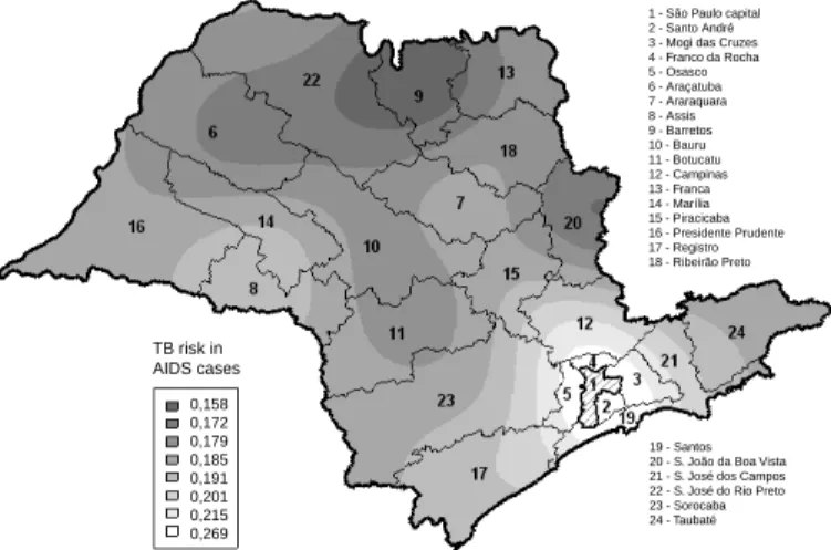 Figure 3 - Thematic map of the spatial distribution of the estimated tuberculosis (TB) incidence risk in AIDS cases, considering the central localities structure (main offices of the Health Regions (DIRs))