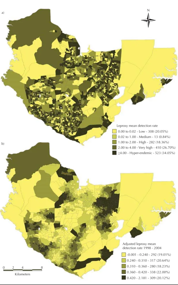 Figure 2. a) Mean detection rate for leprosy cases according to census tracts. b) Local Bayesian analysis of the mean detection  rate for leprosy cases according to census tracts