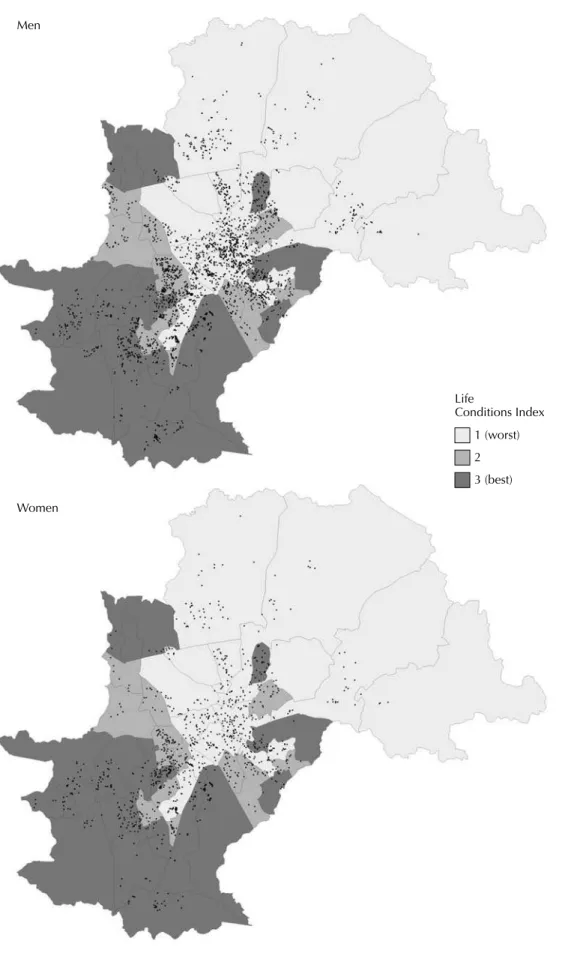 Figure 3. Maps of AIDS cases in men and women and Life Conditions Index (ICV) in areas covered by health services