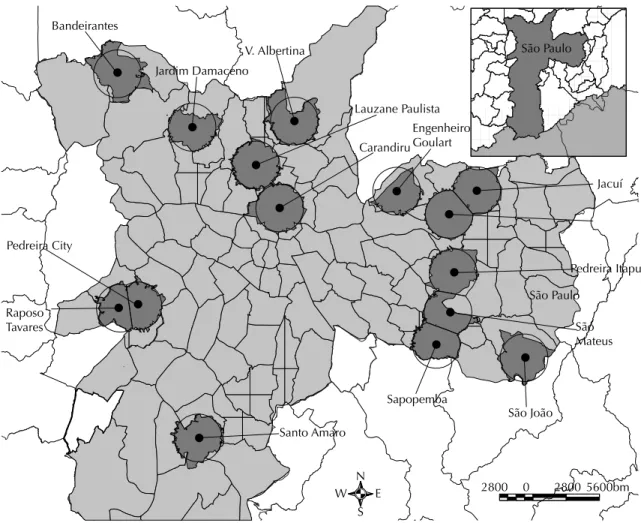 Figure 1. Locations of the solid waste landfi ll sites and areas of 2 km around them. City of São Paulo, Southeastern Brazil,  1998-2002