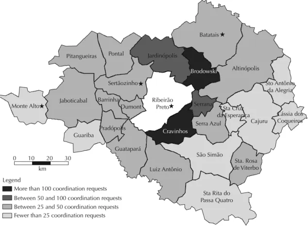 Figure 2. Geographic distribution of the number of coordination requests effected in the municipalities