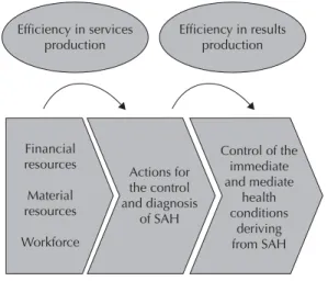 Figure 1. Theoretical model of effi ciency in the production  of services and results of actions related to systemic arterial  hypertension (SAH) in primary healthcare