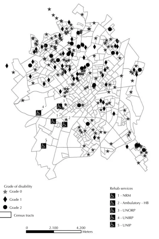Figure 2. Spatial distribution of rehabilitation services and residences of ex-patients with leprosy, according to WHO grade of  disability
