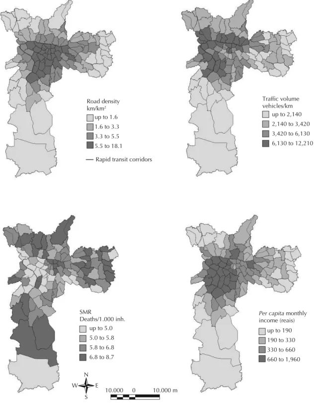 Figure 2. Interquartile ranges of road density, traffi c volume, monthly per capita income and standardized mortality rate for  cardiovascular diseases