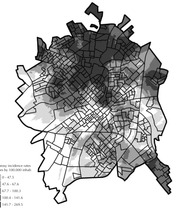 Figure 2. Spatial distribution of leprosy incidence rates (per 100,000 inhabitants) in the urban area